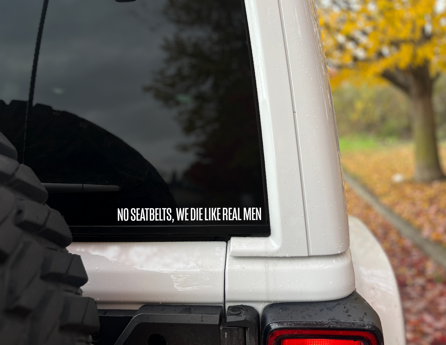 "No Seatbelts, We Die Like Real Men" Vinyl Decal